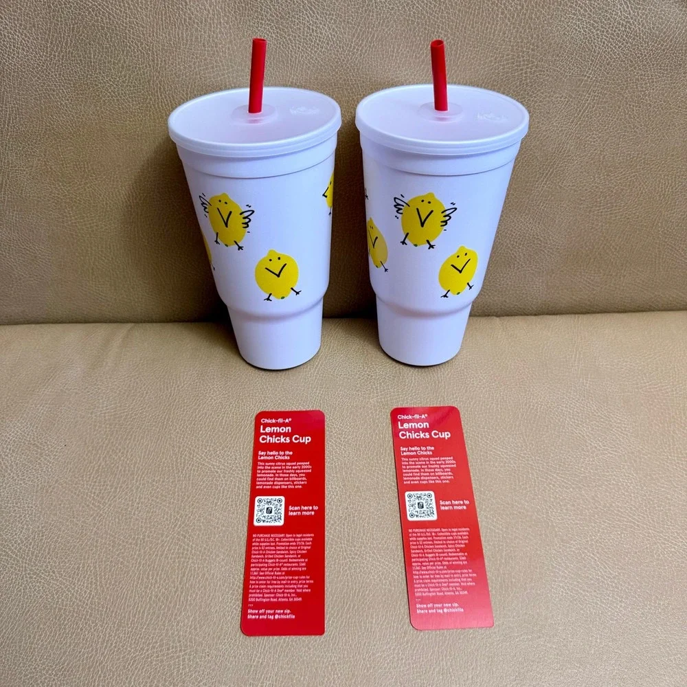 Chick-fil-A Lemon Chicks Cup Set of 2 White Plastic Tumblers with Lids & Straws